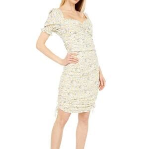 Bardot Ruched Mini Dress Floral Print Yellow Gray Feminine Spring Women's XS